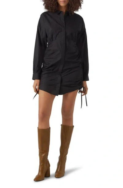Vero Moda Cilla Side Ruched Long Sleeve Cotton Shirtdress In Black