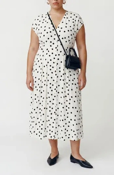 Vero Moda Dot Print Cap Sleeve Button Front Midi Dress In White