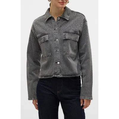 Vero Moda Ellas Studded Crop Denim Shirt Jacket In Light Grey Denim Det