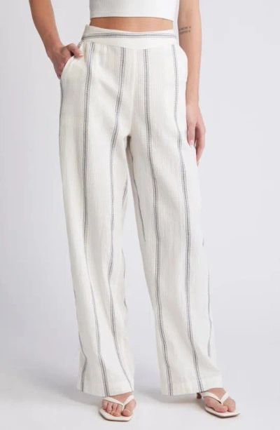 Vero Moda Embroidered Stripe Cotton Wide Leg Pants In Birch/ Navy Blazer