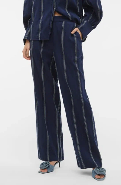 Vero Moda Embroidered Stripe Cotton Wide Leg Trousers In Navy Blazer/ Birch