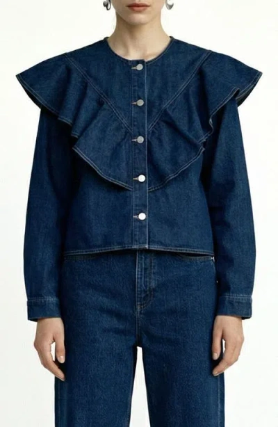 Vero Moda Fia Ruffle Placket Denim Button-up Shirt In Blue