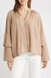 Vero Moda Frill Sleeve Tie Neck Top In Brown