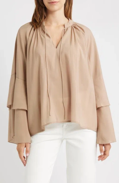 Vero Moda Frill Sleeve Tie Neck Top In Brown