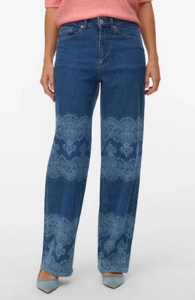 Vero Moda High Waist Laser Print Wide Leg Jeans In Blue
