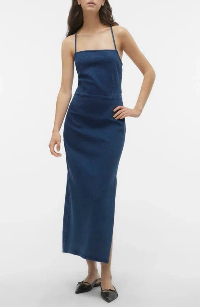 Vero Moda Isla Denim Maxi Dress In Dark Blue Denim Deta