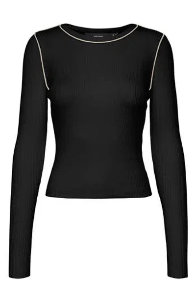 Vero Moda Kara Contrast Piping Long Sleeve Sweater Top In Black Detail/birch Contrast