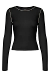Vero Moda Kara Contrast Piping Long Sleeve Top In Black Detail W Birch
