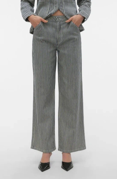 Vero Moda Kathy Stripe High Waist Wide Leg Jeans In Medium Blue Denim Stripe