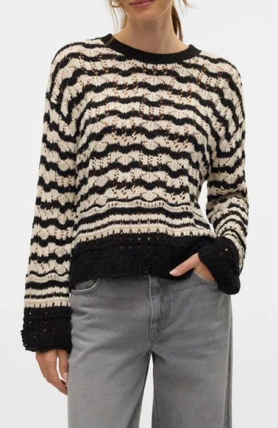 Vero Moda Kiwi Open Stitch Sweater In Black Detail W Birch