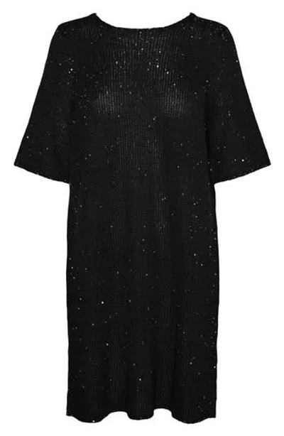 Vero Moda Leilani Sequin Sweater Dress In Black W Silver Seqiuence
