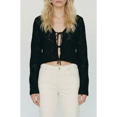 Vero Moda Lola Tie Front Pointelle Knit Cotton Cardigan In Black