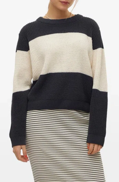 Vero Moda Magate Stripe Crewneck Sweater In Black Detail/birch