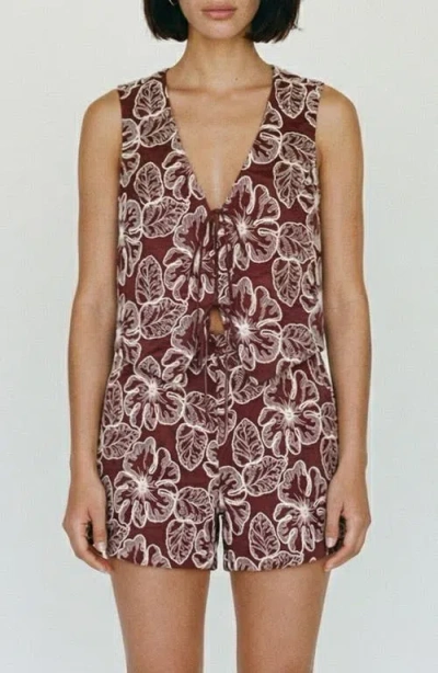 Vero Moda Millia Floral Embroidered Tie Front Top In Brown