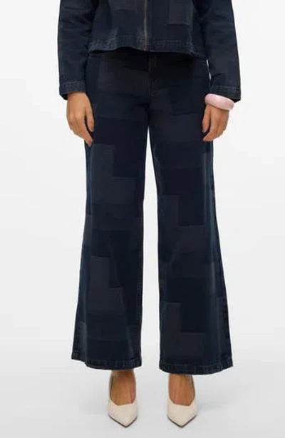 Vero Moda Remy Patch Wide Leg Jeans In Dark Blue Denim