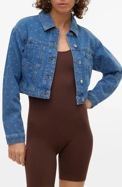 Vero Moda Ruby Dot Print Crop Denim Jacket In Medium Blu