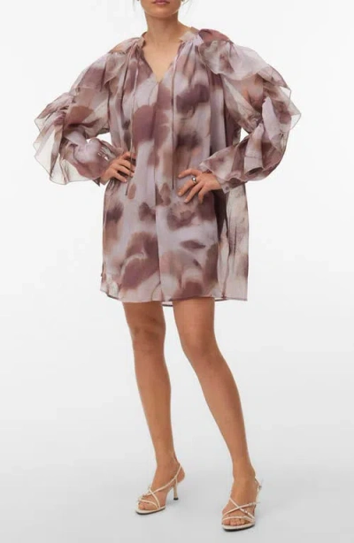 Vero Moda Sabrina Print Split Neck Ruffle Trim Dress In Brown