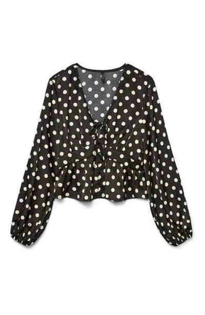 Vero Moda Savana Long Sleeve V-neck Top In Black Detailwhite Dots