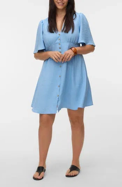 Vero Moda Short Sleeve Button Front Chambray Dress In Blue