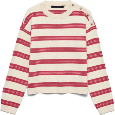 Vero Moda Stripe Button Shoulder Crop Sweater In Multi