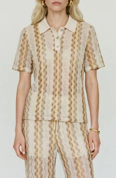 Vero Moda Teresa Chevron Openwork Knit Polo Top In Brown