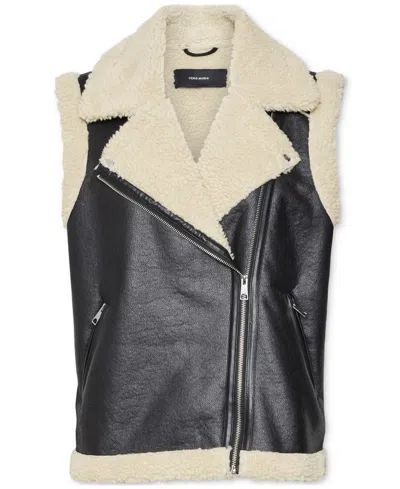 Vero Moda Women's Kay Faux-leather Teddy-line Jacket In Black