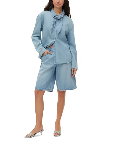 Vero Moda Woven Bow Top In Medium Blue Denim In Multi