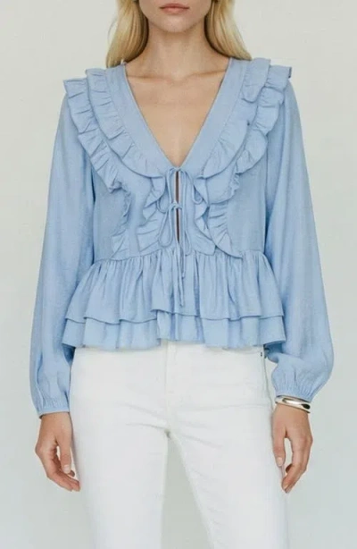 Vero Moda Zoey Ruffle Peplum Chambray Top In Blue