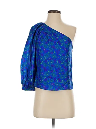 Pre-owned Veronica Beard 3/4 Sleeve Silk Top Blue One Shoulder Neckline Tops