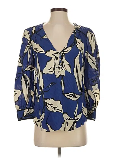 Pre-owned Veronica Beard 3/4 Sleeve Silk Top Blue Plunge Neckline Tops