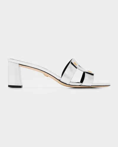 Veronica Beard 55mm Via Metallic Leather Block-heel Sandals In Gray