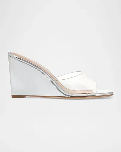 Veronica Beard 85mm Asha Transparent Metallic Leather Wedge Sandals In Clear Silv
