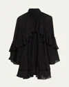 Veronica Beard Adlington Ruffle Detail Long Sleeve Silk Chiffon Dress In Black