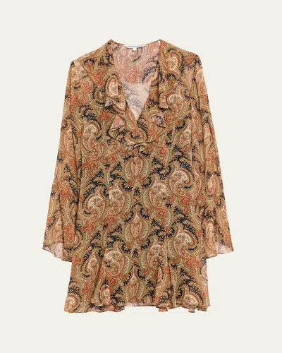 Veronica Beard Adrienne Silk Bell-sleeve Mini Dress In Brown