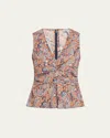 Veronica Beard Aiden Paisley Print Center Ruched Top In Navy Multi