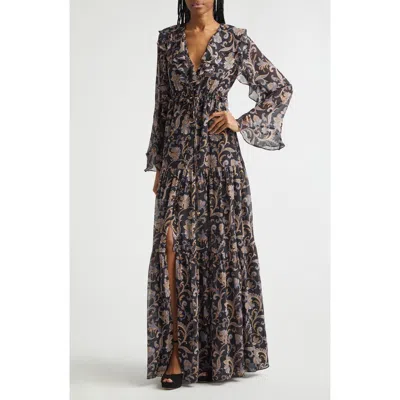 Veronica Beard Akara Long Sleeve Floral Paisley Silk Maxi Dress In Gray