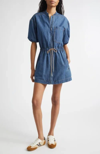Veronica Beard Akerman Puff Sleeve Denim Minidress In Blue