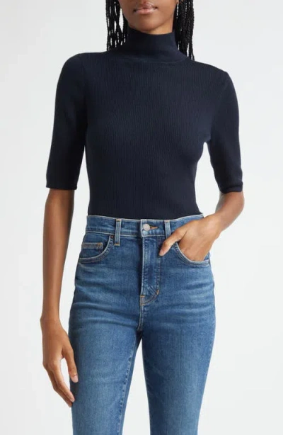 Veronica Beard Alastair Rib Short Sleeve Merino Wool Sweater In Blue