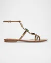 Veronica Beard Alba Stone Leather T-strap Flat Sandals In Gold