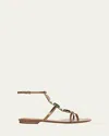 Veronica Beard Alba Stone Leather T-strap Flat Sandals In Gold