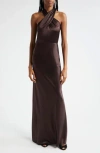 Veronica Beard Alberta Halter Silk Blend Gown In Dark Chocolate