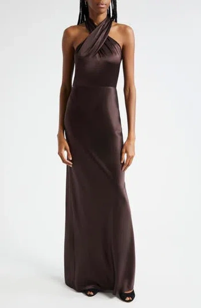 Veronica Beard Alberta Halter Silk Blend Gown In Dark Chocolate