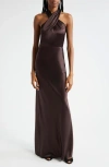 Veronica Beard Alberta Halter Silk Blend Gown In Dark Chocolate