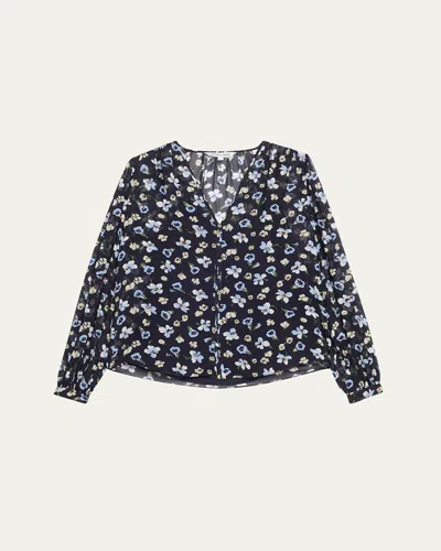 Veronica Beard Alec Long-sleeve Floral Silk Top In Blue