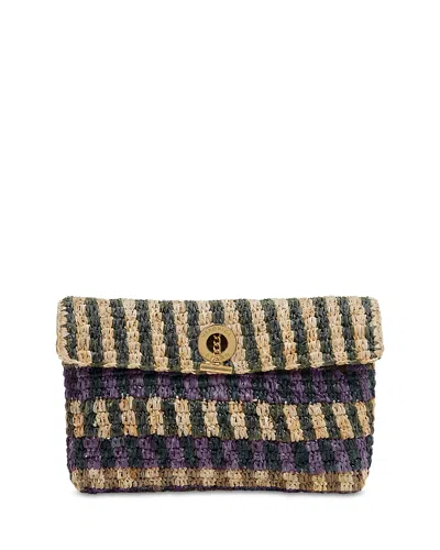 Veronica Beard Anchor Medium Striped Raffia Clutch In Brown