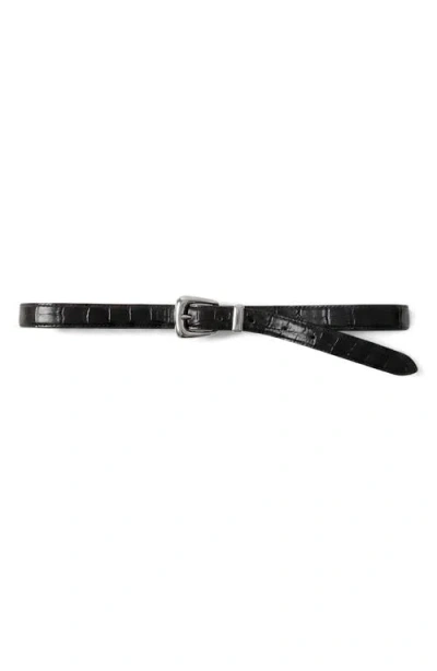 Veronica Beard Arch Croc Embossed Leather Skinny Belt In Black