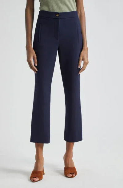 Veronica Beard Arte Houndstooth High Waist Flare Ankle Pants In Navy