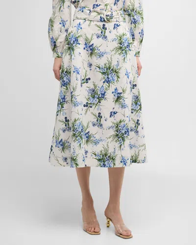 Veronica Beard Arwen Floral Belted Midi Skirt In Off-white Multi