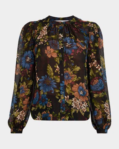 Veronica Beard Ashlynn Floral Chiffon Button-front Blouse In Black