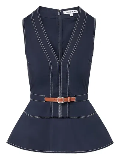 Veronica Beard Belted V-neck Top In Blue